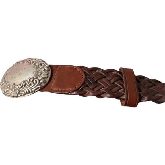 Vintage Buffalo Leather Braided Belt With Floral Silver Tone Buckle, 34" - Picture 3 of 4